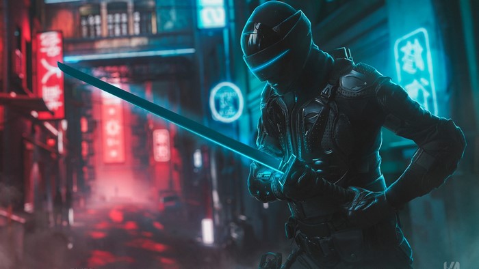 Dark Cyberpunk Ninja in Futuristic City
