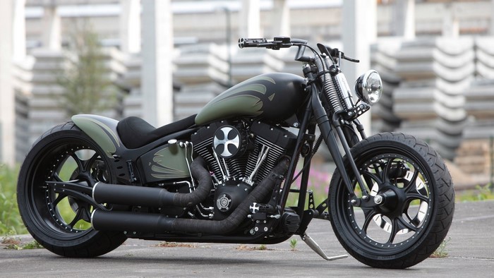 Custom black and olive green chopper motorcycle