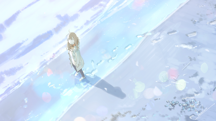 Anime girl in winter coat on snowy path