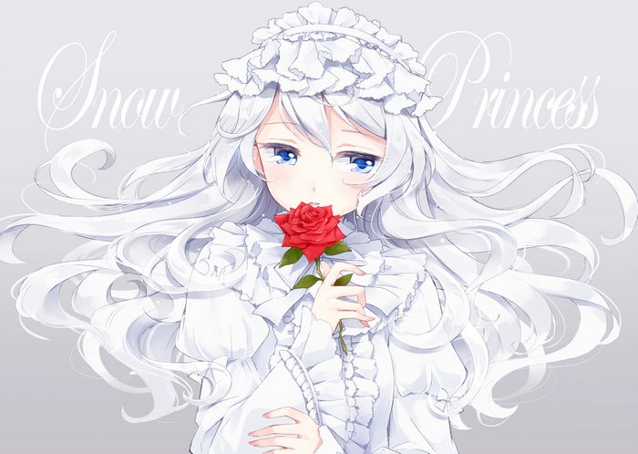 Anime girl with white hair and blue eyes holding a red rose