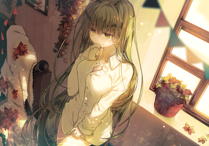 Anime girl in white shirt by the window