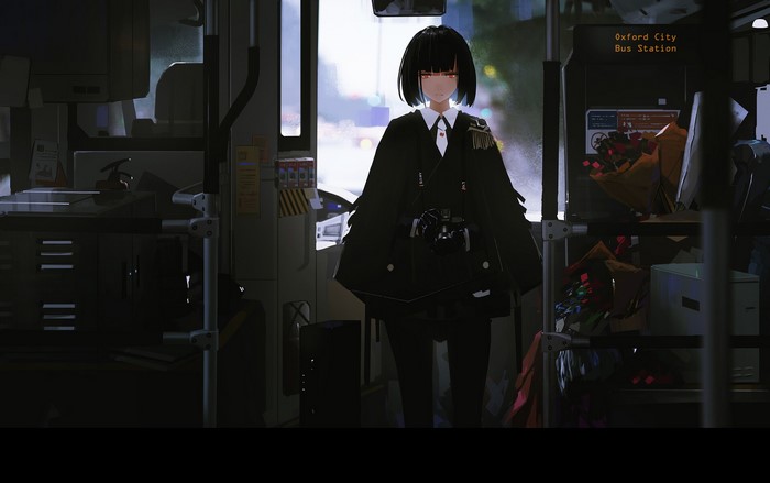 Anime girl with black hair and red eyes on a bus