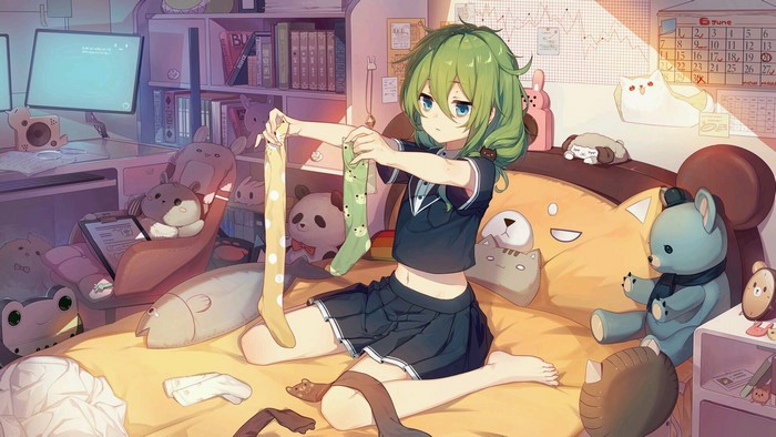 Anime girl with green hair in a room with stuffed animals