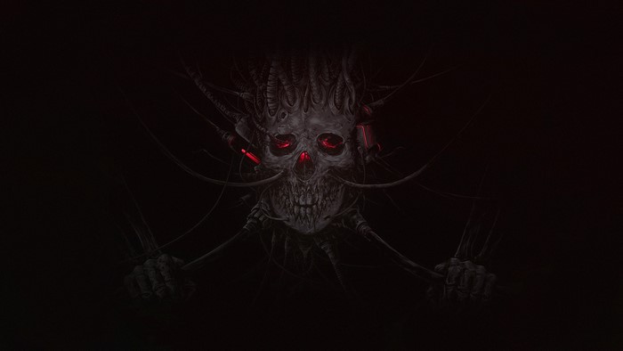 Dark artwork of a mechanical skull with red glowing eyes