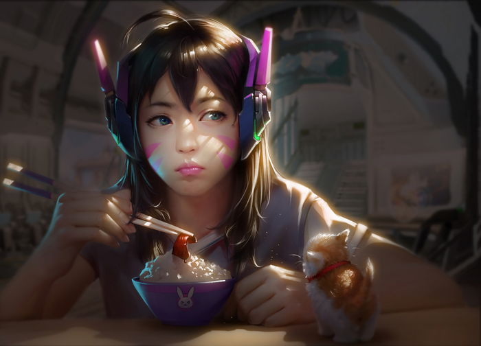 D.Va from Overwatch eating rice with a kitten