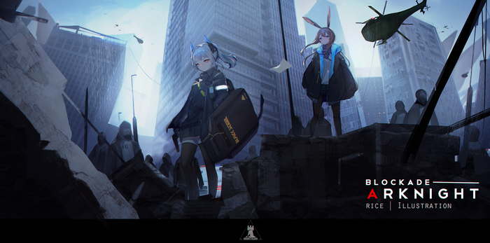 Two girls from Arknights in a destroyed city with a helicopter