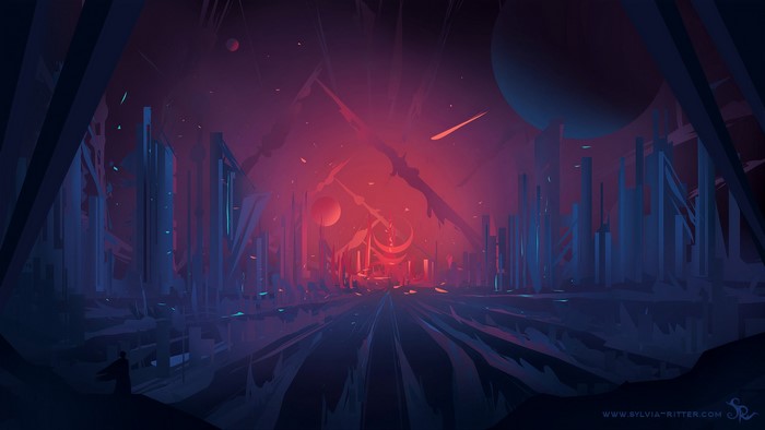 Futuristic Cityscape with Planets and Meteor Shower