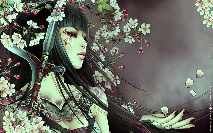 Asian woman with sword and cherry blossoms