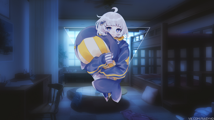 Anime girl hugging a large plush toy in a room
