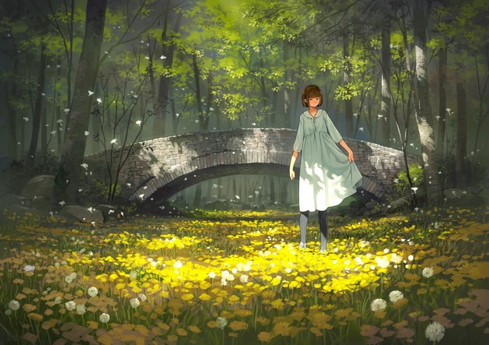 Anime girl in a forest with a stone bridge