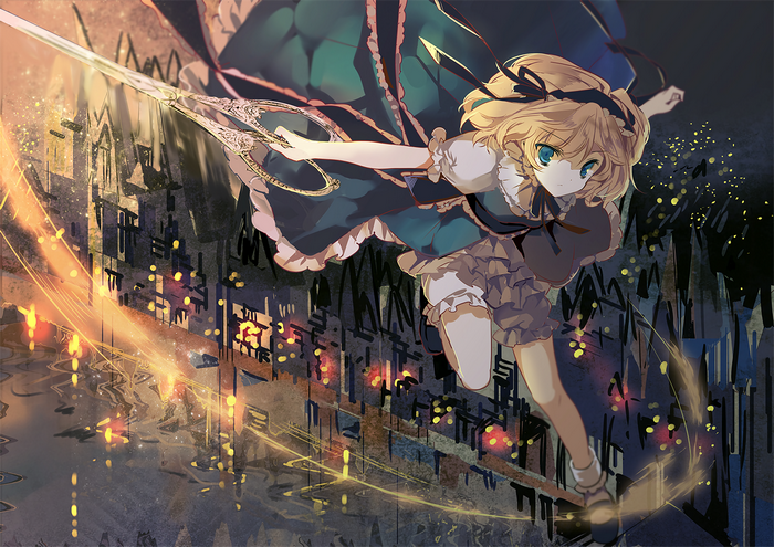 Anime girl with sword in a city