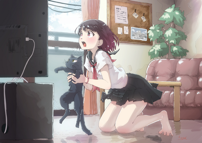 Anime girl holding a black cat watching TV
