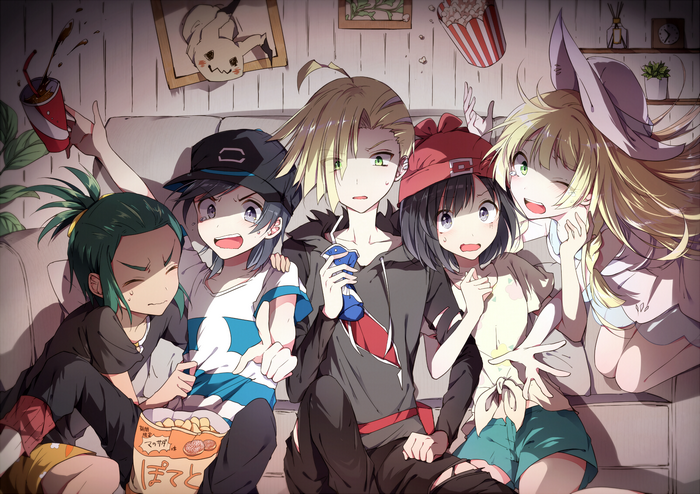 Pokemon characters watching a movie and eating popcorn