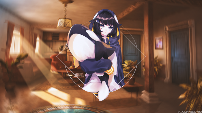 Anime girl with penguin plush in room