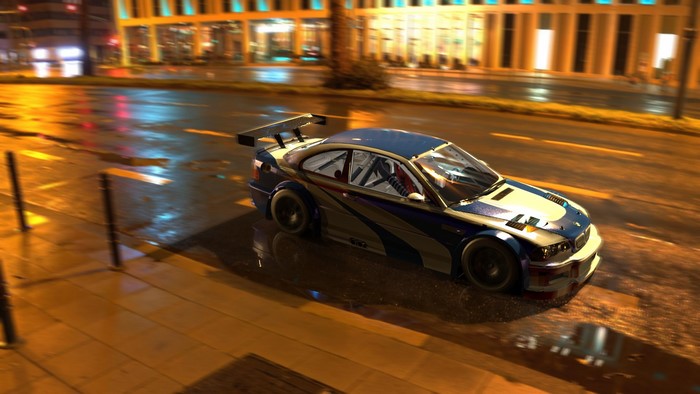 BMW M3 GTR from Need for Speed: Most Wanted on wet street