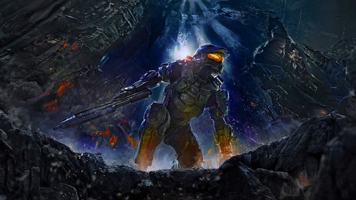 Master Chief from Halo 4 in a destroyed environment