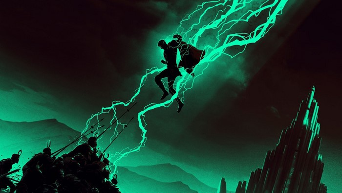 Thor and Loki fighting amidst lightning
