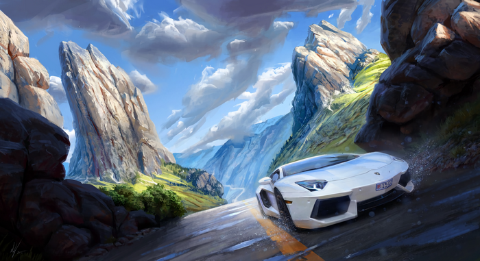 White Lamborghini Aventador driving on a wet mountain road