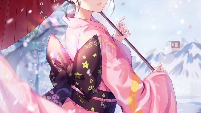 Ryougi Shiki from Kara no Kyoukai in a kimono in snow