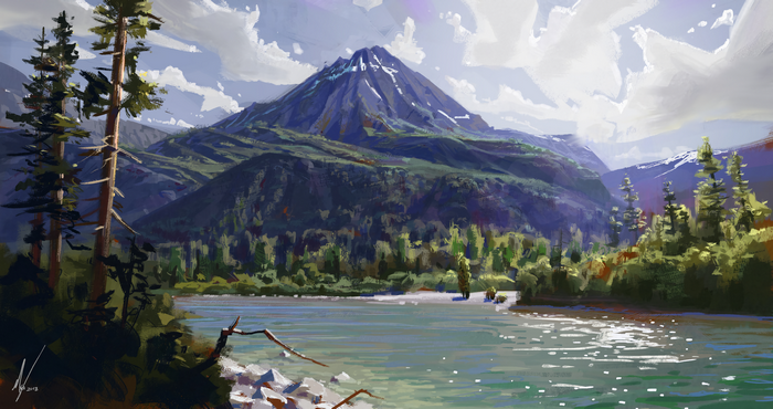 Digital painting of a mountain range with a lake and trees