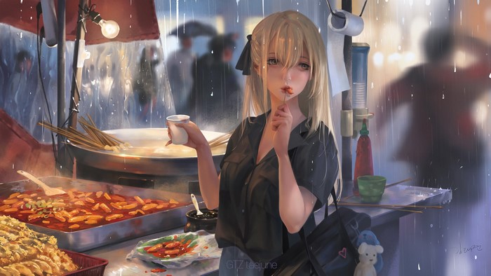 Anime girl eating street food in the rain