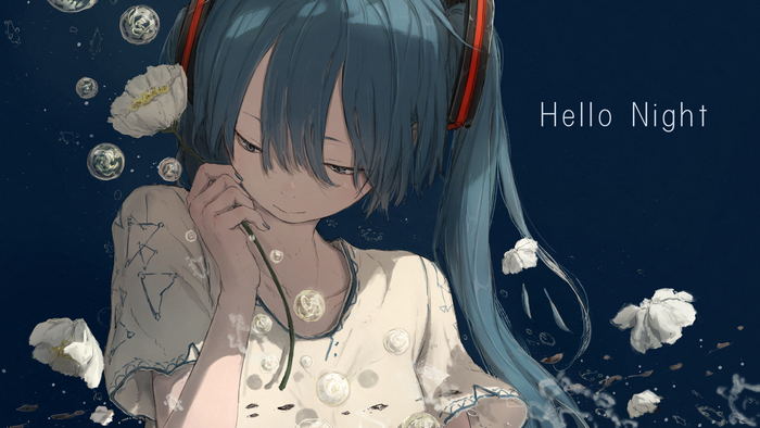 Hatsune Miku from Vocaloid with flowers and bubbles