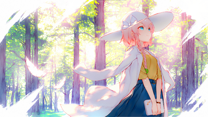 Anime girl with pink hair and blue eyes in a forest