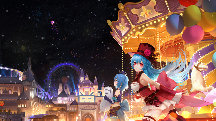 Anime girls with blue hair and red eyes at a carnival at night