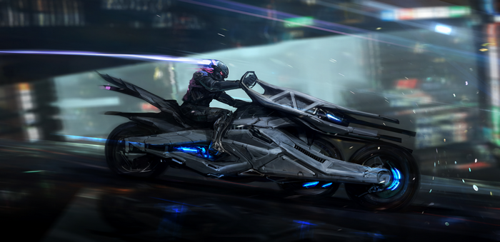 Cyberpunk motorcycle rider in a futuristic city