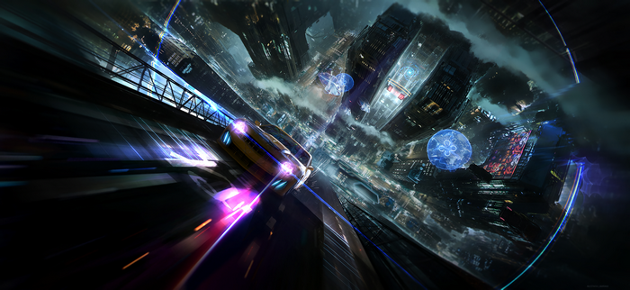 Cyberpunk city street racing with a yellow car