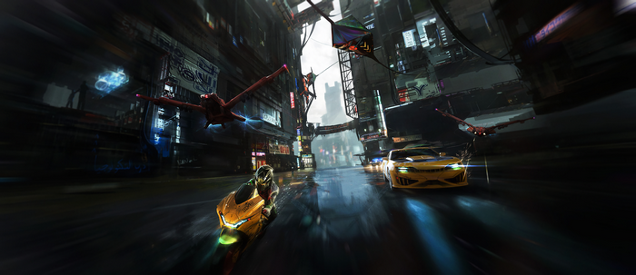 Cyberpunk city race with motorcycle, car, and drones