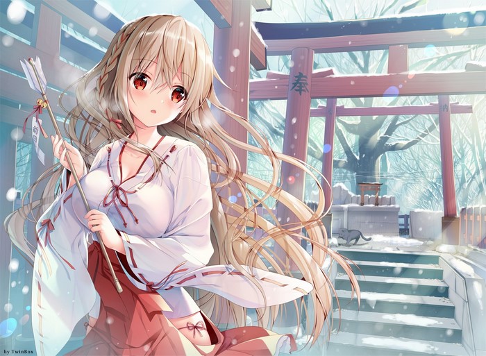 Miko with arrow in snowy shrine