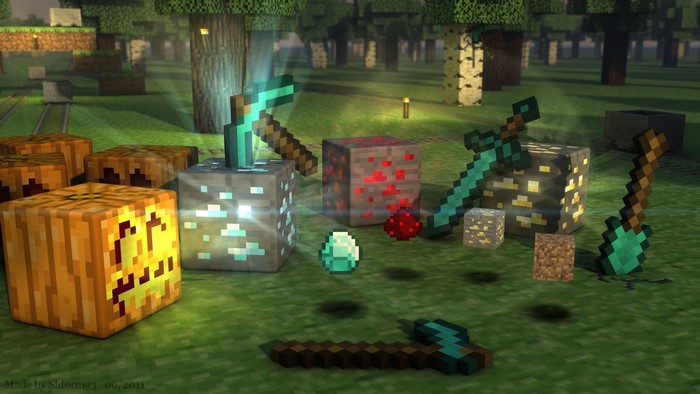 Minecraft items and blocks in a forest setting