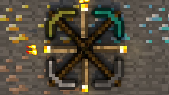 Minecraft mining tools and torches in a pixelated cave