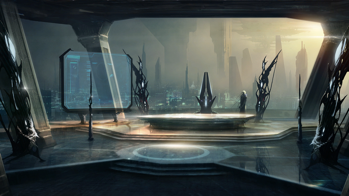 Futuristic interior with a city view