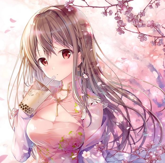 Anime girl drinking bubble tea with cherry blossoms