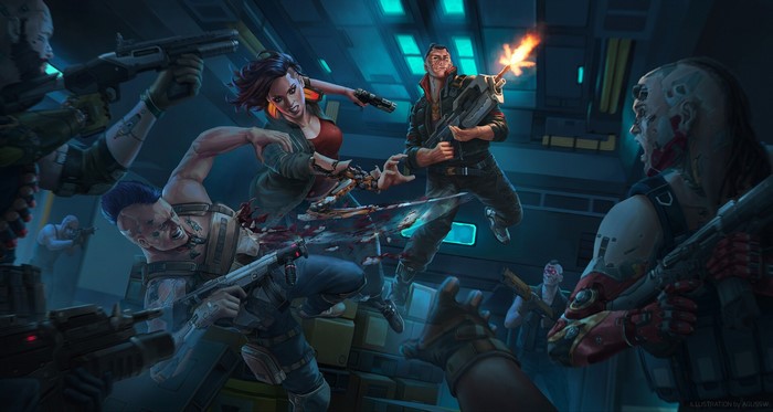 Cyberpunk 2077 characters in a violent firefight
