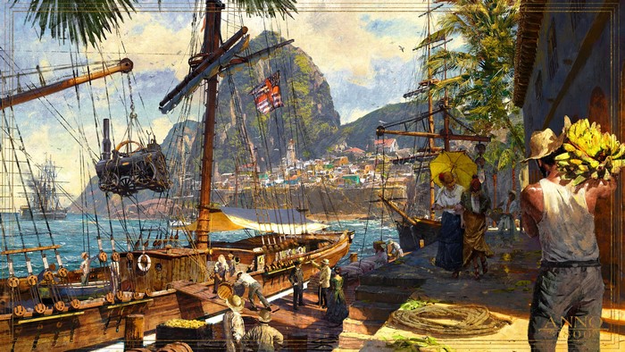 Anno 1800 Harbor Scene with Sailing Ships and Cargo