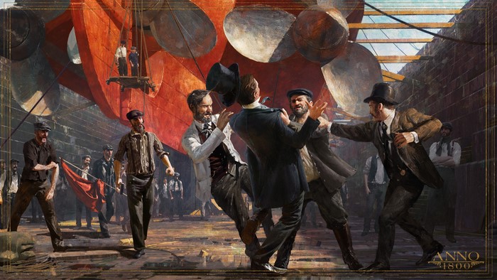 Workers in a dockyard with a steamship propeller, Anno 1800