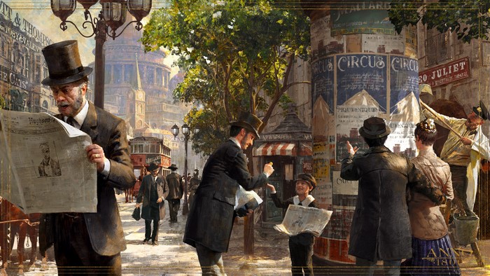 Anno 1800 concept art of a street scene with newspapers