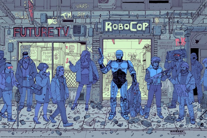 RoboCop and citizens in a futuristic city street