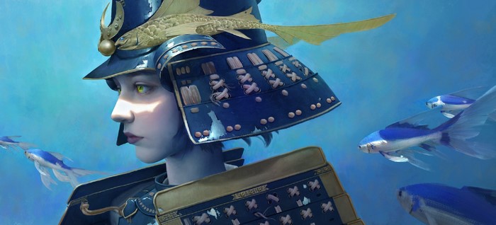 Samurai warrior with blue armor and fish
