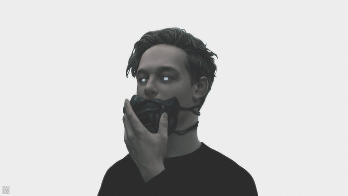 Man with glowing eyes wearing a mask