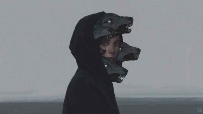 Girl in a hoodie with wolf heads by Yuri Shwedoff