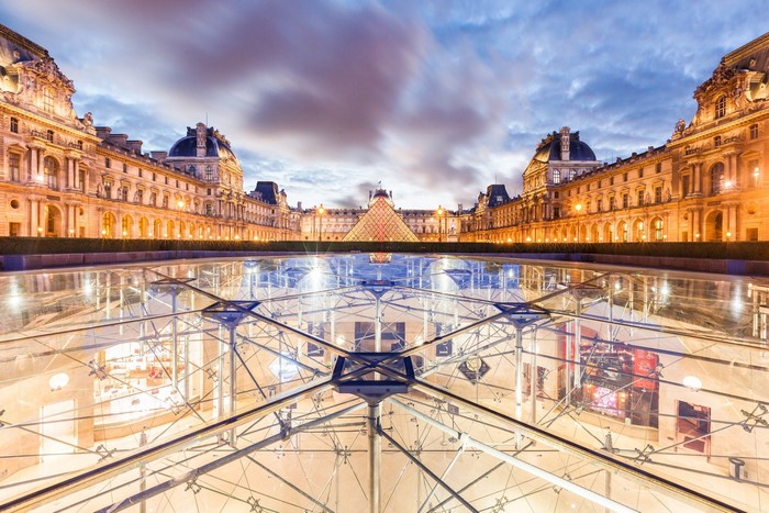 Louvre Museum Pyramid and Courtyard at Dusk