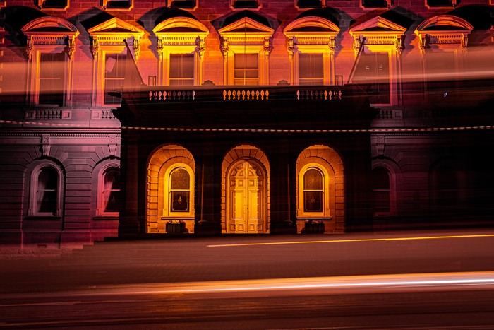Old building in Tasmania at night with light trails