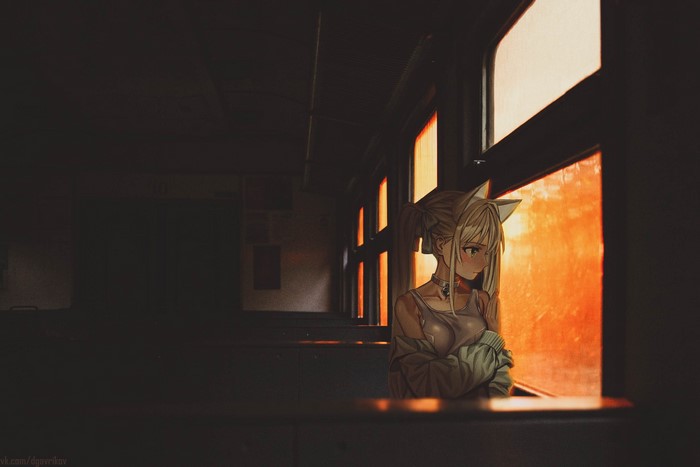 Anime girl with cat ears looking out a train window
