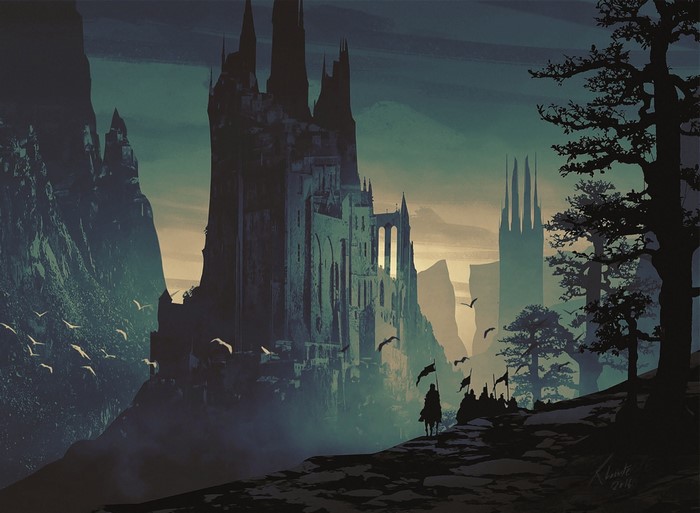 Knight and army approaching a dark castle