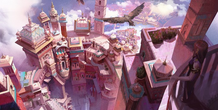 Fantasy city with towers and eagles
