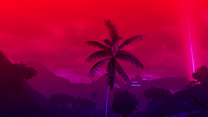 Neon sunset over a tropical jungle with palm trees